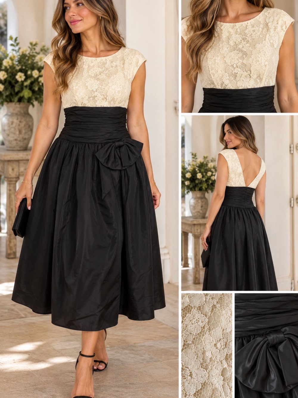 Cream Lace Bodice and Black Midi Dress with Bow Waist Made in USA